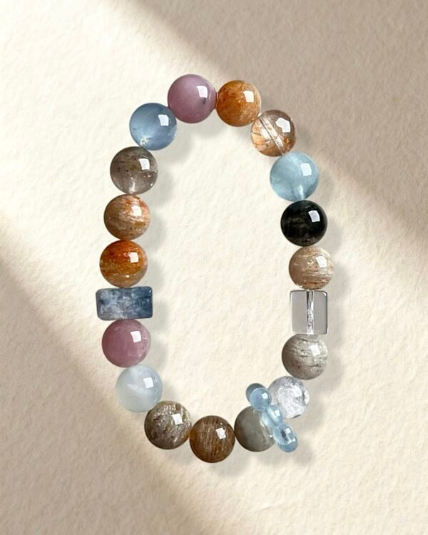 Aquamarine Clear Quartz Layered Phantom Quartz Bracelet