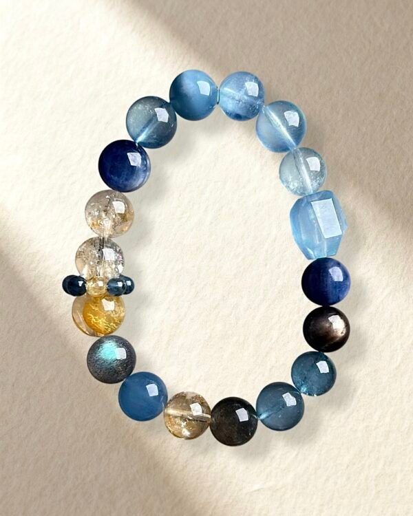 Natural Aquamarine Yellow Azeztulite Gray Moonstone Bracelet