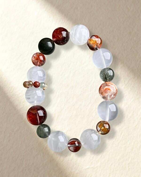 Christmas-Themed Bracelet White Phantom Quartz Red Hematoid Quartz Green Rutilated Quartz Bracelet